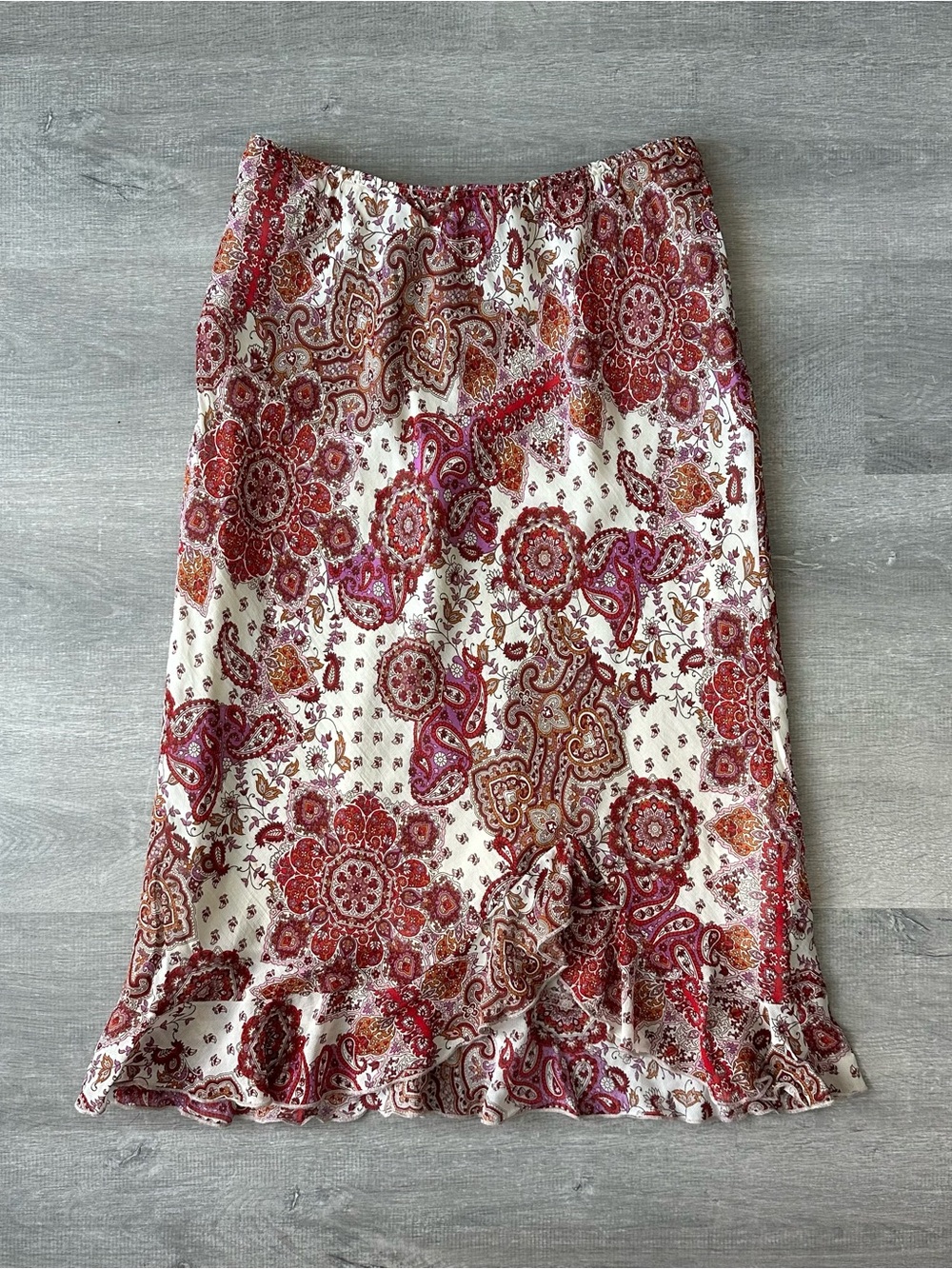 Vintage 90s Abria Paisley Ruffle Midi Skirt Italian Fabric Made in Canada